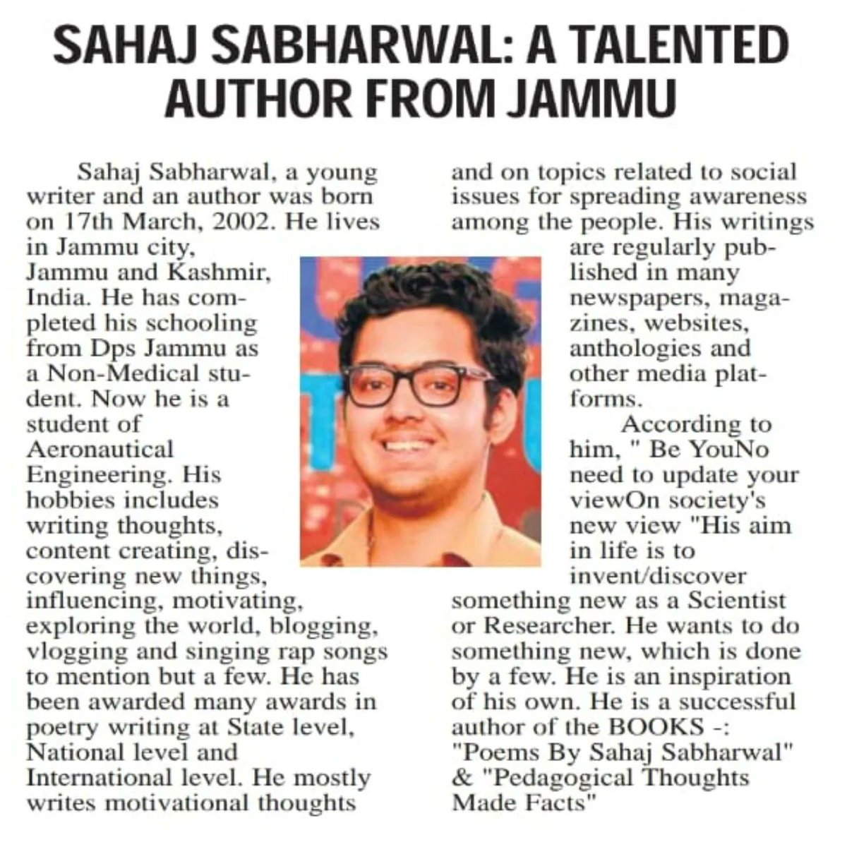 Featured in The New Indian Express NATIONAL NEWSPAPER : @Sahaj_Sabharwal

NAME -: SAHAJ SABHARWAL

#thenewindianexpress #indiannews #authornewsletter  #jammuupdates #authorsofindia  #SahajSabharwal #jammukashmir #journorequest #jammuandkashmir  #embeded   #jammu