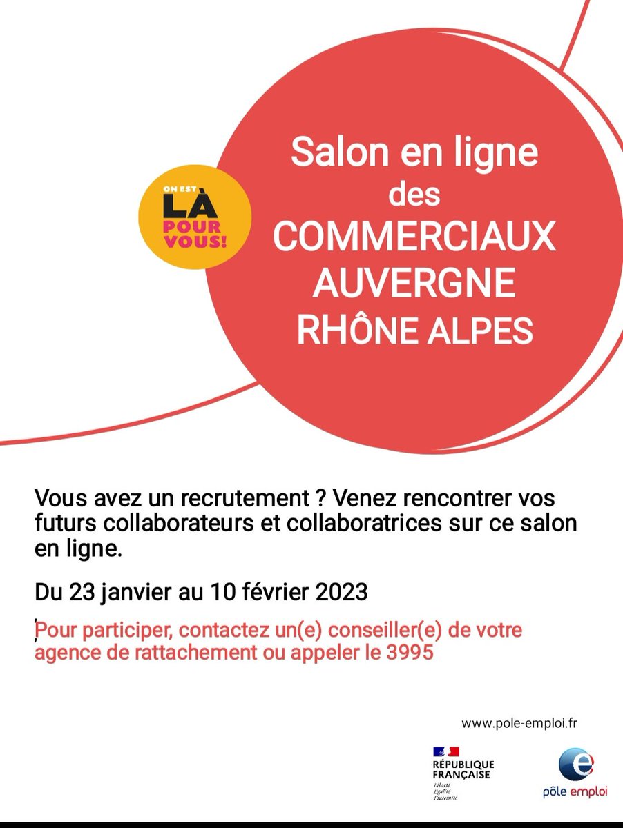 🗓️Du 23 janvier au 10 février bénéficiez d'un Salon en Ligne @poleemploi_ara pour gérer vos recrutements de Commerciaux en Auvergne Rhône Alpes. 
#Domex_Force_de_Vente
<a href="/remi_potavin/">Potavin Rémi</a> Rostan Olivier