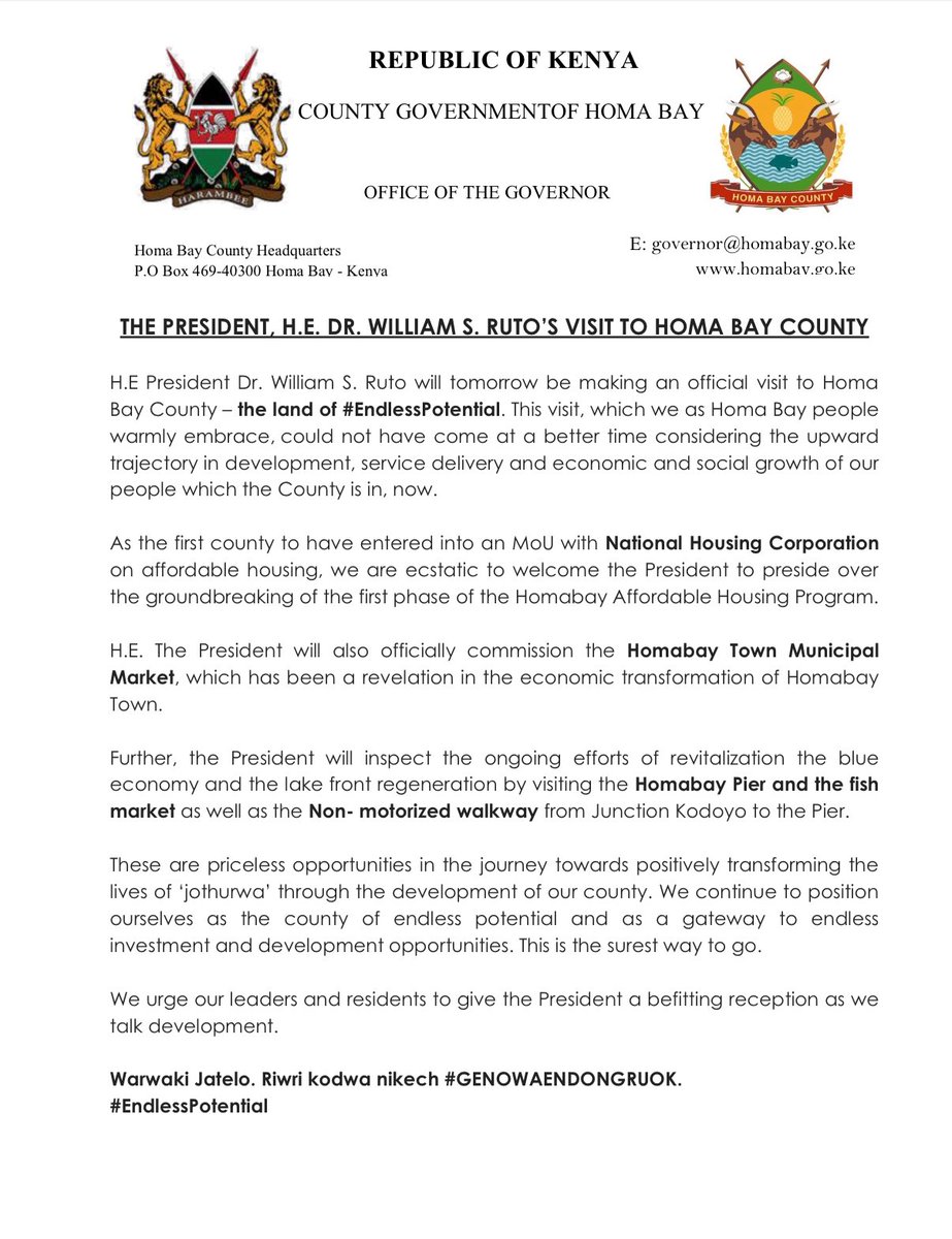 gladyswanga's tweet photo. Welcome to Homa Bay, H.E President @WilliamsRuto. https://t.co/zMBZ4mRH80