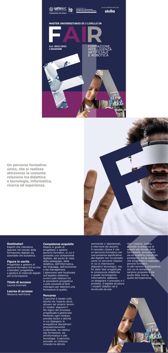 risorseumane_HR's tweet image. Primo #Master universitario per #formare il #formatore del #futuro. Un programma, frutto della collaborazione di Università degli Studi di Macerata e @SkillaElearning 
Scopri programma: buff.ly/3IJd2ir

#nuovilavori #academy #IA #Robotica #elearning