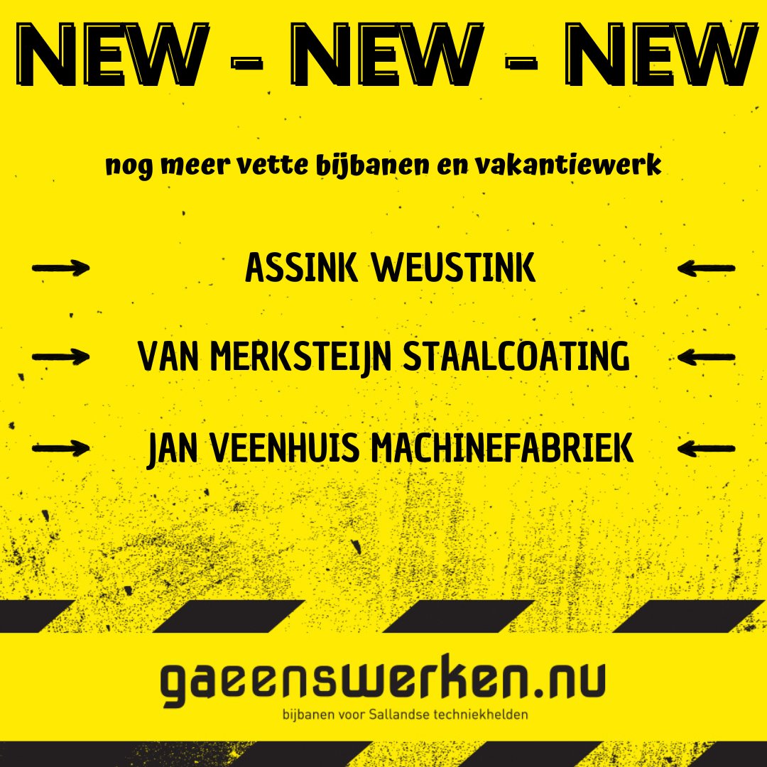 Jihaaaa!
Uitbreiding van studentenpool Gaeenswerken.nu met maar liefst 3 bedrijven. Whoewhoe! Donders blij met <a href="/AssinkWeustink/">AssinkWeustink</a>, Van Merksteijn Staalcoating en Jan Veenhuis Machinefabriek🥳👏

Nog meer bijbanen en vakantiewerk in de aanbieding. 
#bijbaan #vakantiewerk