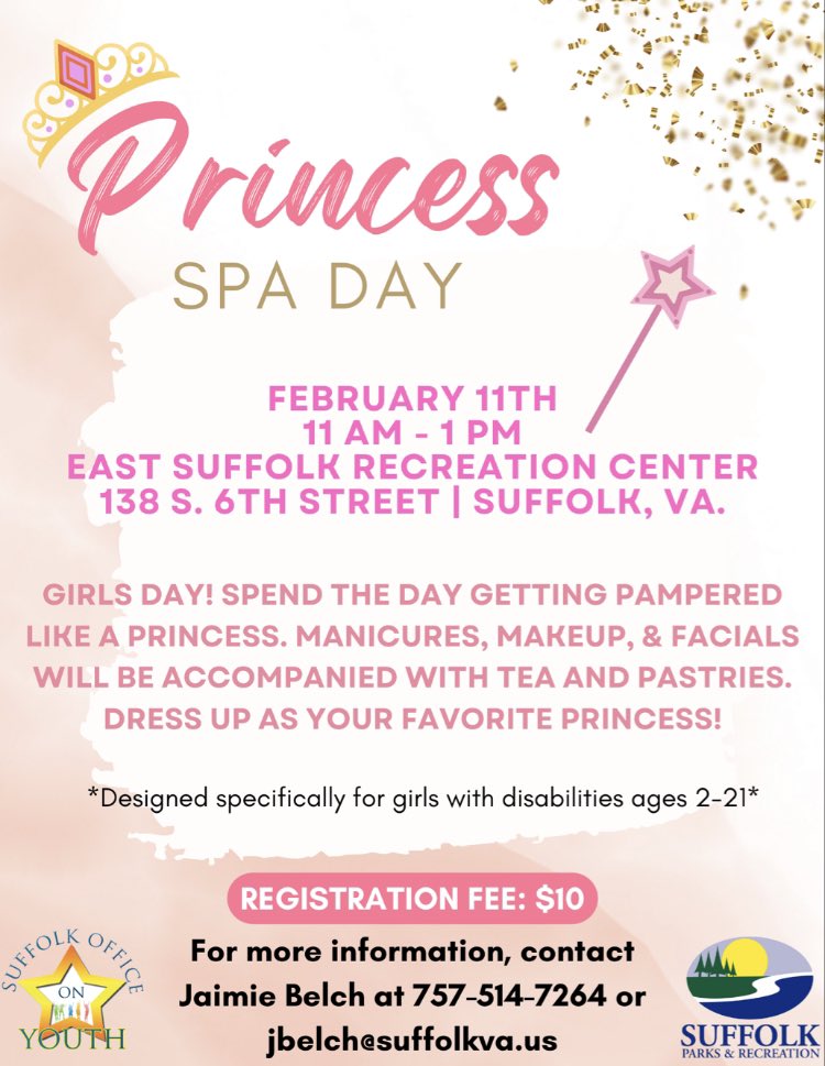 Suffolk Parks &amp; Rec is excited to host a Therapeutic Recreation Princess Spa Day for girls w/disabilities ages 21 and under! It will be held on Feb 11th from 11 AM to 1 PM @ the East Suffolk Recreation Center.

Please see the attached flyer for all the details!
