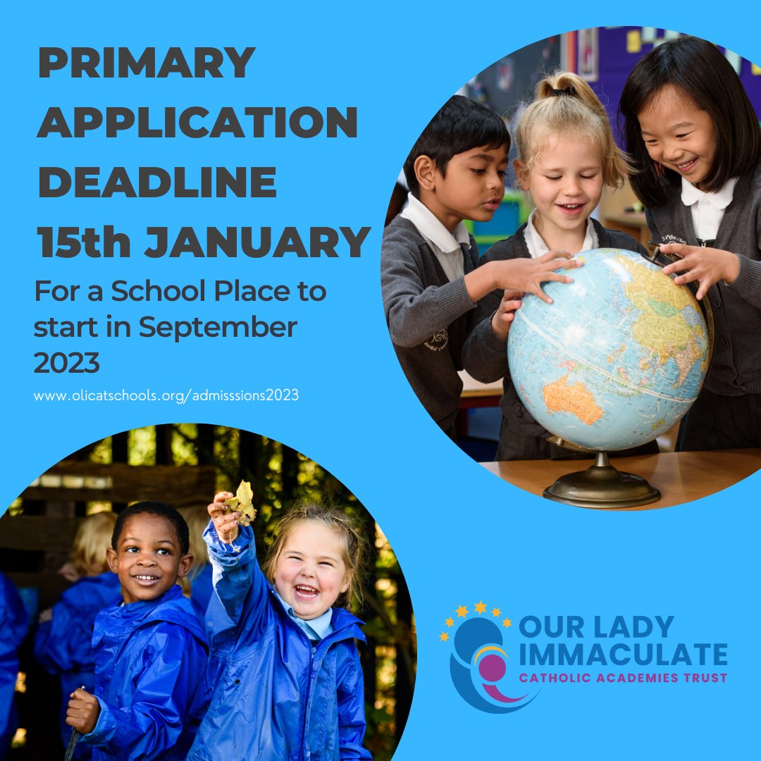 ⏰Sunday 15th Jan is the Primary School applications deadline for school starters in Sep 2023. 

We are here to help if you need support with an application, please call the school office direct:
olicatschools.org/admissions

#OLICATcommunity #Admissions2023 #Northamptonshire #Bedford