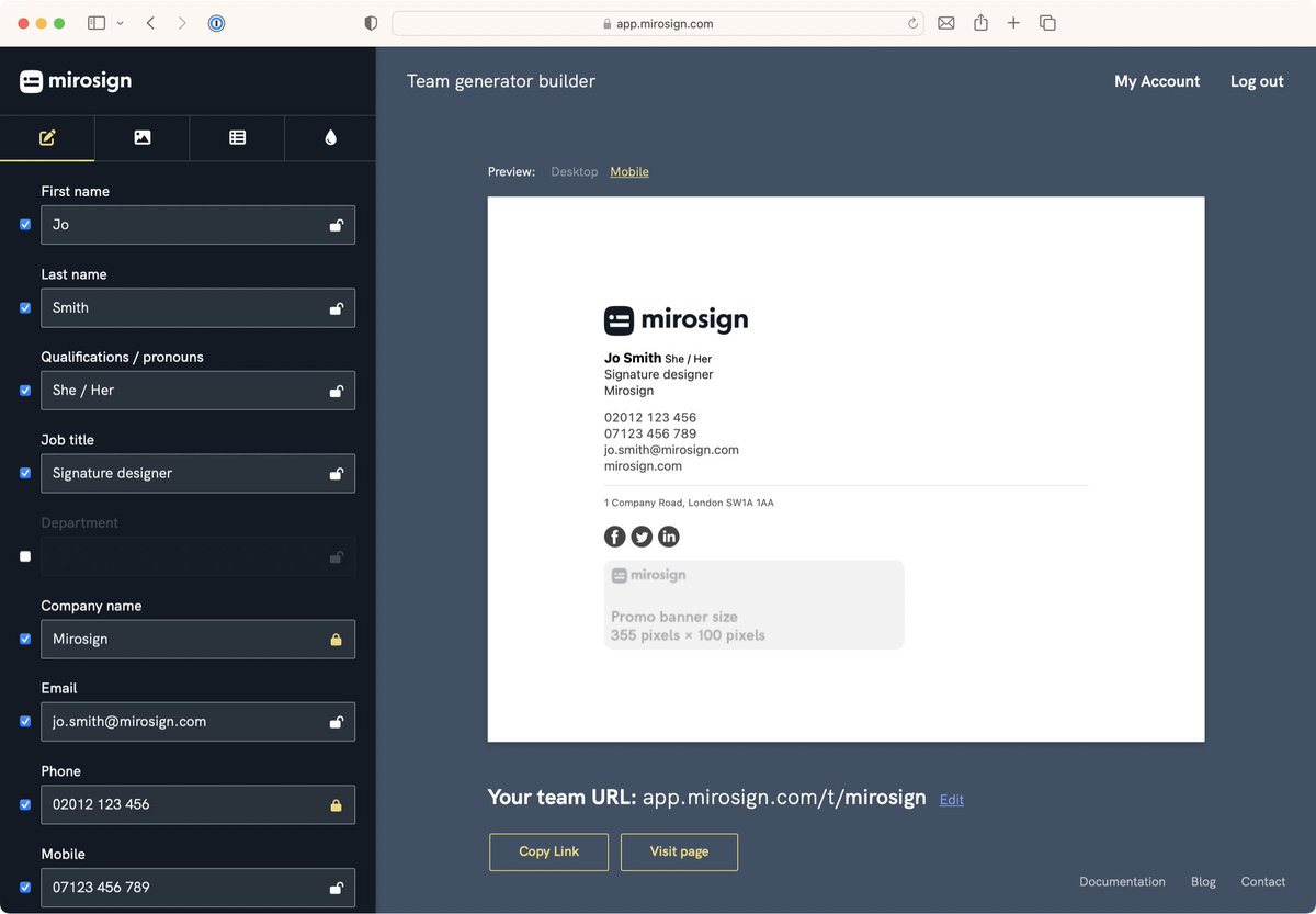 SignMiro's tweet image. Using the Mirosign.com team email signature generator an unlimited number of staff email signatures can be generated. When you design your company email signature for you team you actually construct a bespoke signature greater app just for you team.