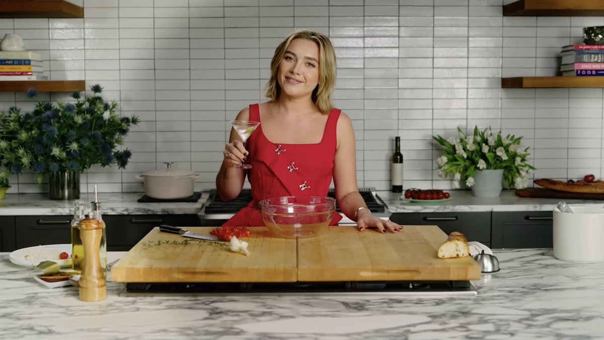 bestofpugh's tweet photo. florence pugh for ‘cooking with flo’ https://t.co/8TeBD3545Q