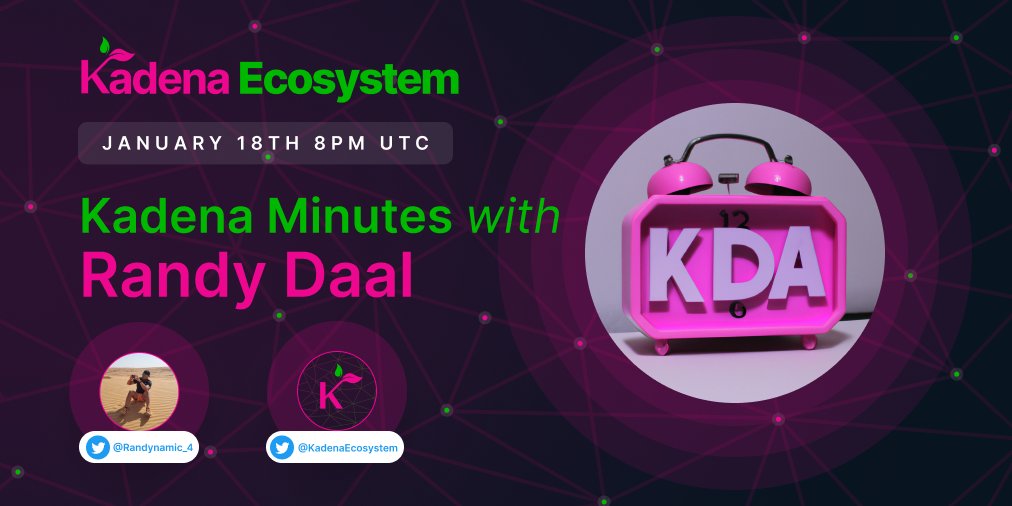 KadenaEcosystem's tweet image. We're excited to announce: #Kadena Minutes an AMA series with @kadena_io team members joining us &amp;amp; the community for a great chat 🕑

Our first guest, @Randynamic_4 will be joining us January 18th at 8PM UTC ⛓️🕸️

Save the date! 📅