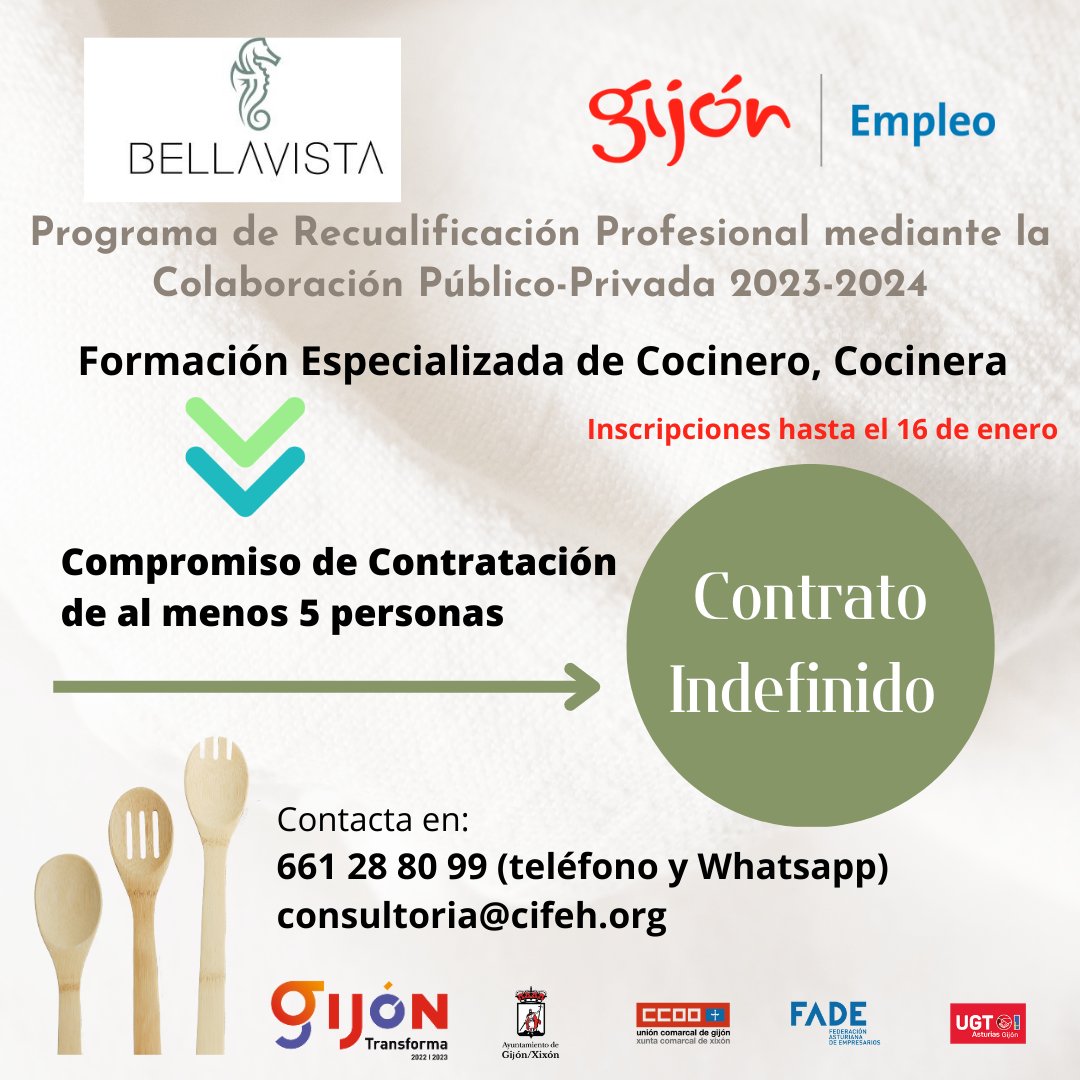 empleogijon's tweet photo. 📣 Programa de Recualificación Profesional. Colaboración Público-Privada

📌Formación Especializada de Cocinero/a

‼️ Compromiso contratación 5 personas

Imparte Bellavista

🗓️ Inscripciones hasta el 16 de enero
👉 https://t.co/PSaH3LVgFX

📞 661 28 80 99
📧 consultoria@cifeh.org https://t.co/HLgMbTSpQf