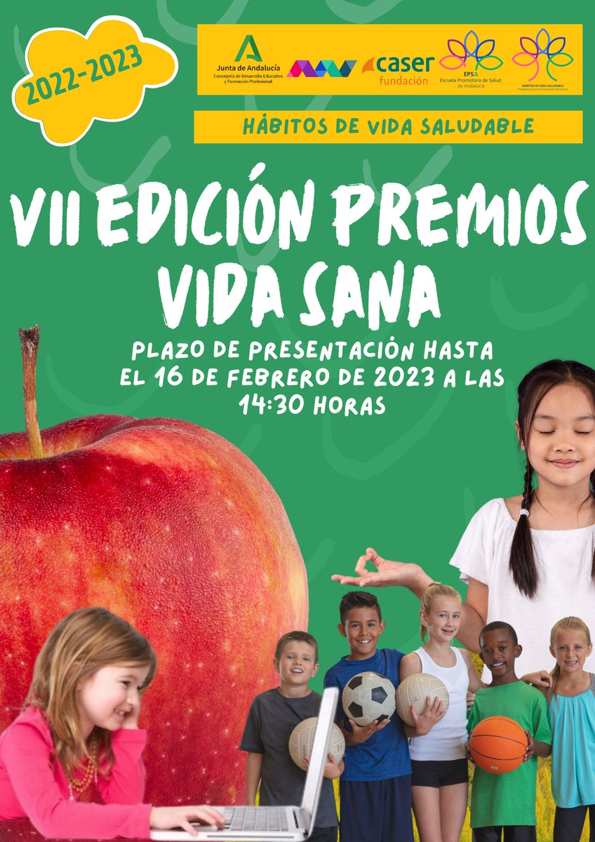 ¡Ya está aquí la VII Edición de los #PremiosVidaSana! Se premiarán las mejores #prácticaseducativas para fomentar el bienestar integral y la toma de decisiones consciente del alumnado. ¡Anímate y participa! Toda la información en lajunta.es/3zwj4  #HHVS