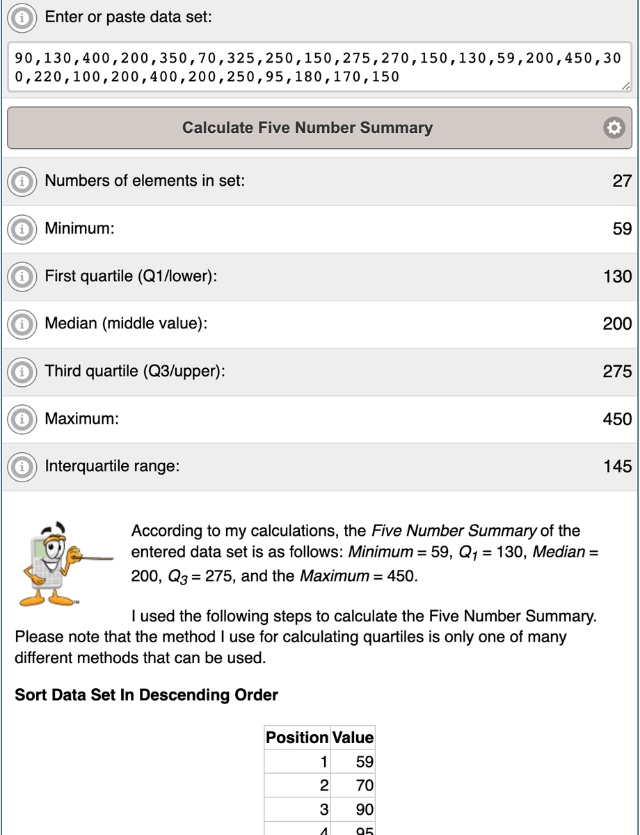 FreeWebCalcUse's tweet image. New! Five Number Summary Calculator calculates minimum, 1st quartile, median, 3rd quartile, and maximum from a data set and shows the step-by-step solution. free-online-calculator-use.com/five-number-su… #onlinecalculator #statistics