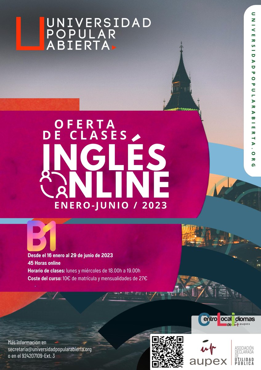 CLIdiomas's tweet photo. 📢𝐂𝐔𝐑𝐒𝐎 𝐎𝐍𝐋𝐈𝐍𝐄 𝐃𝐄 𝐈𝐍𝐆𝐋𝐄́𝐒 𝐍𝐈𝐕𝐄𝐋 𝐁𝟏🇬🇧
 
✅45 horas online
✅100% Online
✅Inicio mediados de enero hasta finales de junio
 
ℹ️ Inscripción aquí: https://t.co/BHCPuBu2mq
 
#CentroLocaldeIdiomas #aprenderidiomas #aprenderidiomasonline #aupex #Extremadura https://t.co/y5FKL9SwUK