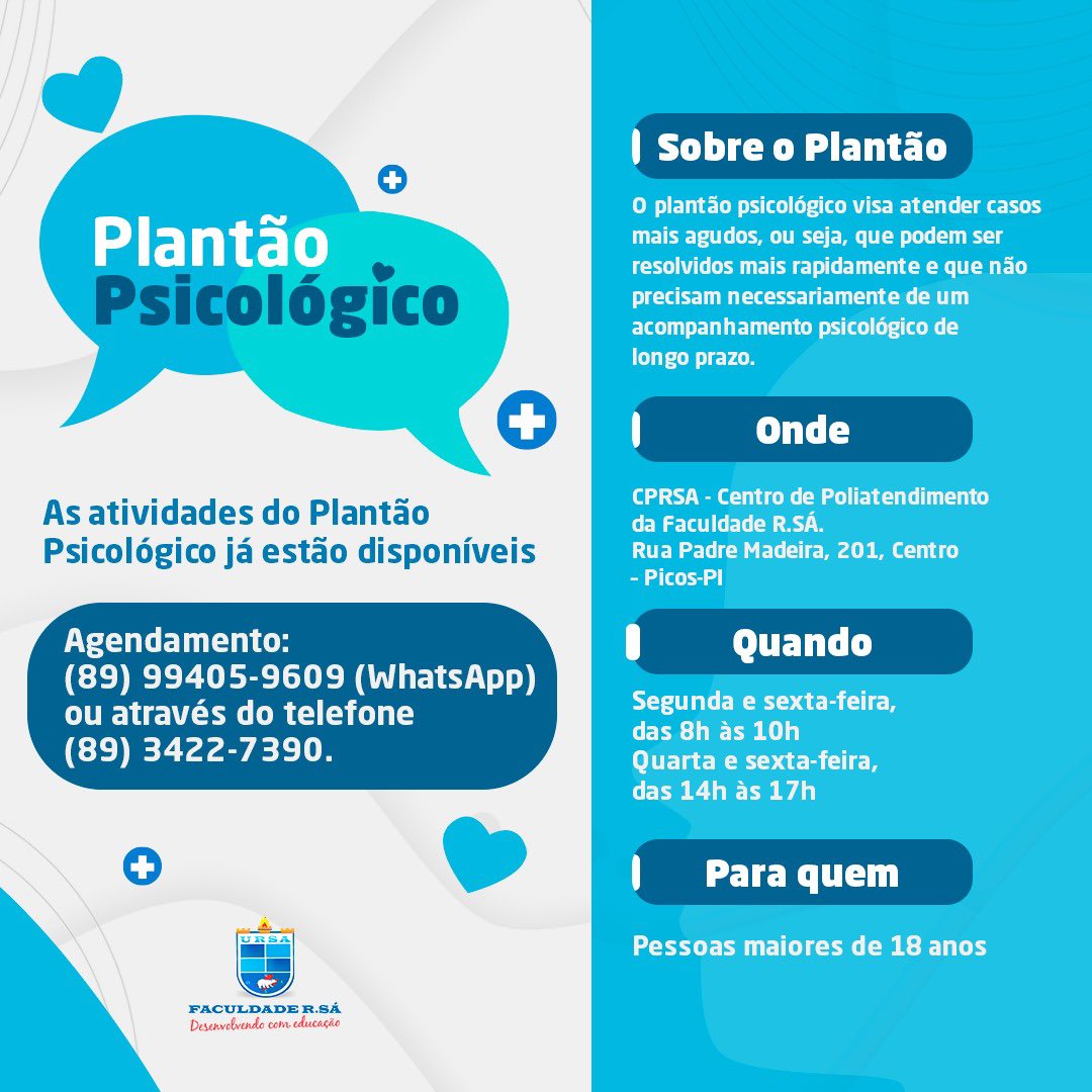 faculdade_rsa's tweet photo. O Plantão Psicológico da Faculdade R.Sá já está disponível para atendimentos. Para agendar, entre em contato através do WhatsApp (89) 99405-9609 ou pelo telefone (89) 3422-7390. 

#FaculdadeRSA #PlantaoPsicologico #Picos https://t.co/nM1yeYd0LM
