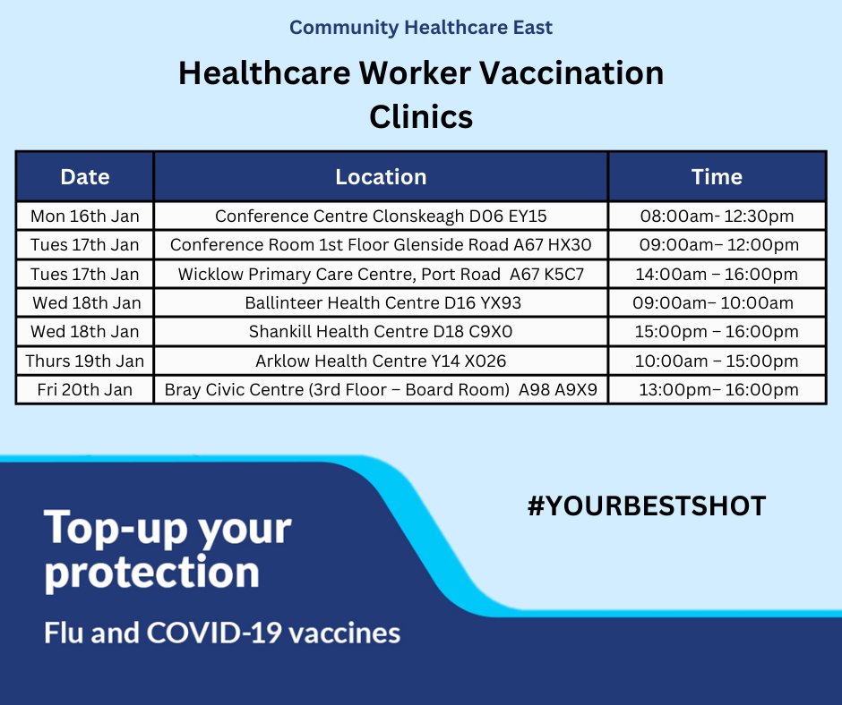 Ch6East's tweet image. 💉HEALTHCARE WORKER FLU AND COVID-19 VACCINATION CLINICS💉

All healthcare workers welcome. No need to pre-book. Remember to bring ID. 

#YourBestShot #COVID19