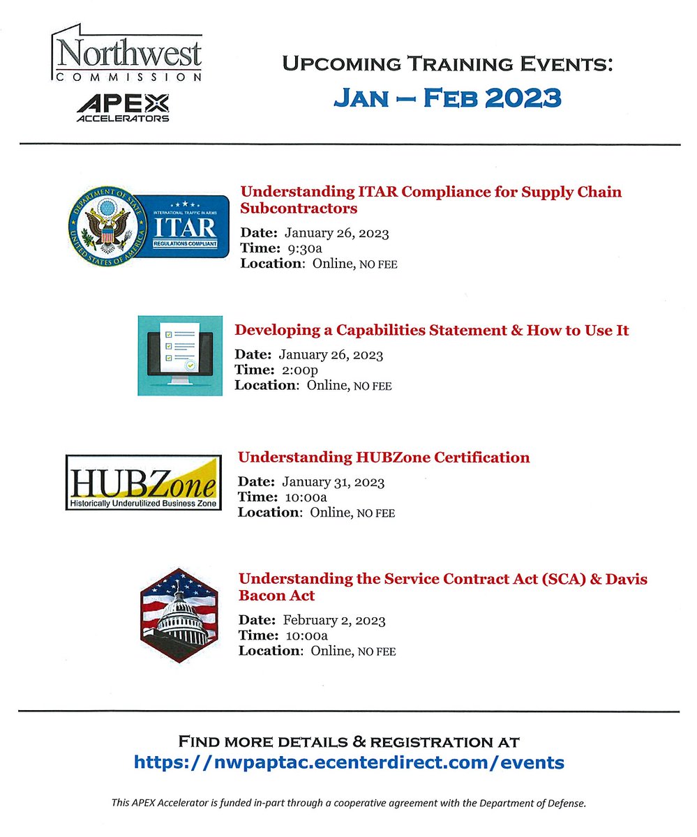 nwpa_apex's tweet image. Upcoming FREE #GovContracting webinars with  #APEXAccelerators -- learn more &amp;amp; sign up for any/all via nwpaptac.ecenterdirect.com/events