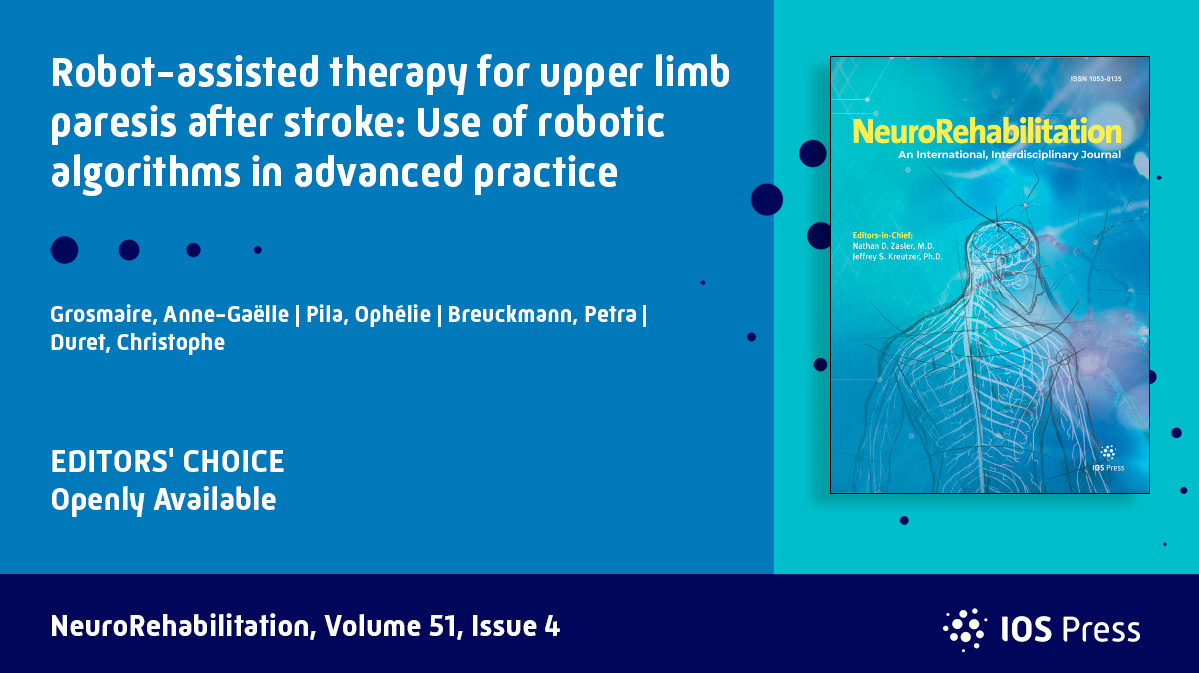 The latest study by Grosmaire et al. has been chosen as the Editor's Choice of #NeuroRehabilitation latest issue.

This review article has been made openly available for you to read, download and share!

View: bit.ly/3H1V7lX

#Openlyavailable