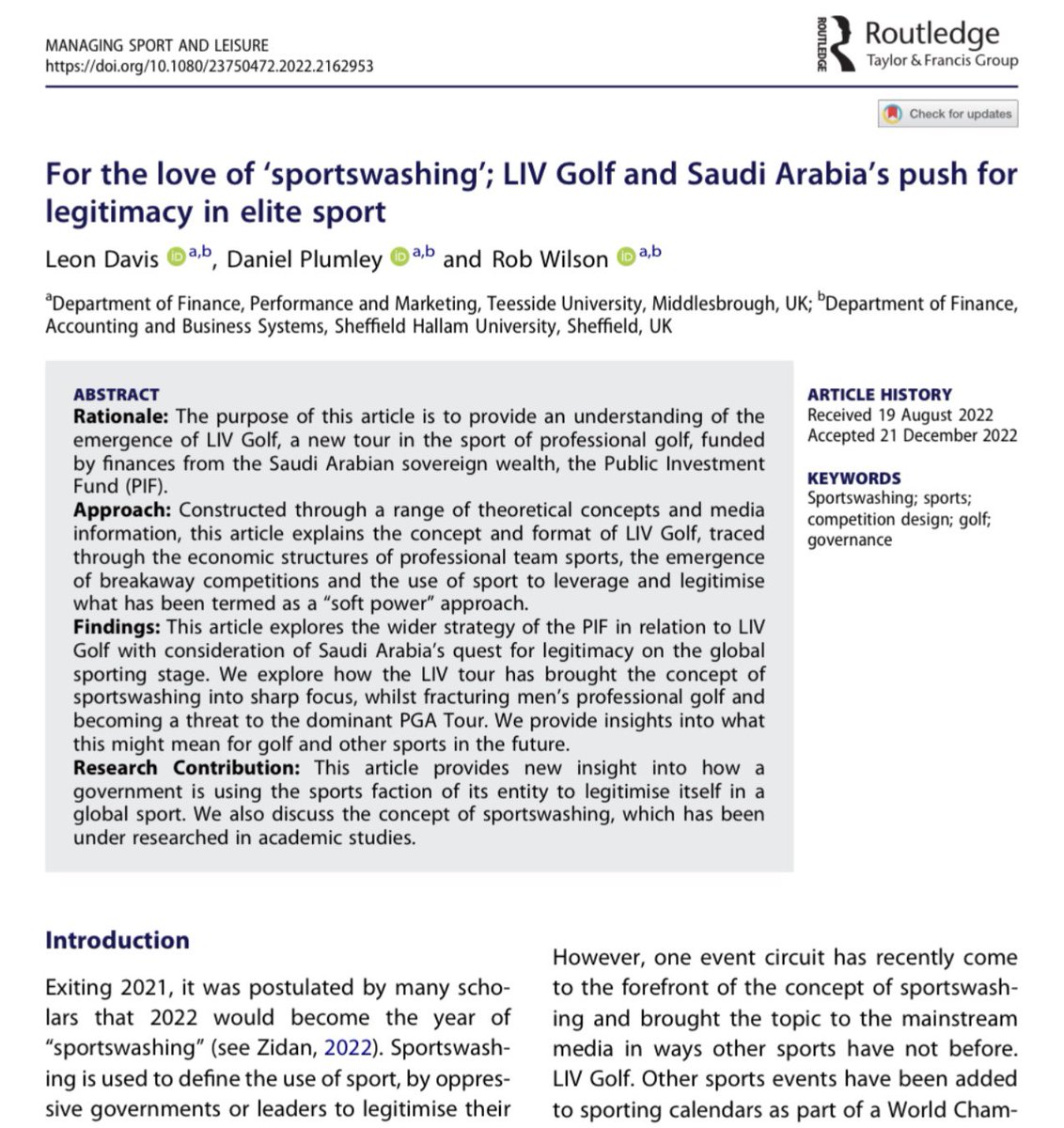 Happy to announce that my article with @DrDanPlumley and @DrRob_Wilson has just been published in @MSLJournal linked to the LIV Golf tour & the strategies of the Saudi based PIF and how LIV has brought the concept of sportswashing to the forefront of sport
tdy.es/uVnmc