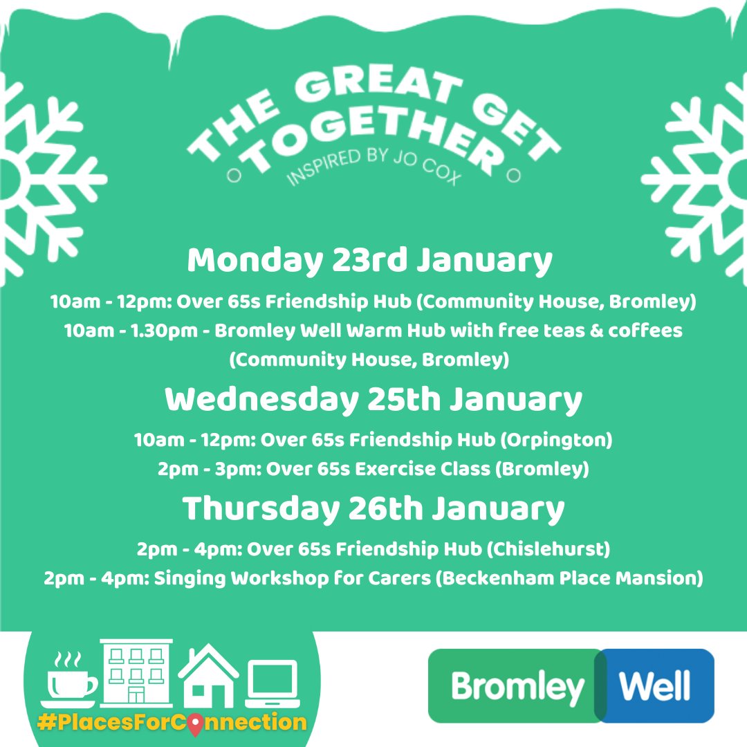 We are delighted to be taking part in the #GreatWinterGetTogether with a variety of events. Do check our website for details: bit.ly/3XesMxY

@great_together @AgeUKBandG @mytimeactive @LBofBromley 

#greatgettogether #placesforconnection #moreincommon