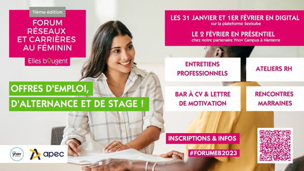 Apecfr's tweet photo. L'@Apecfr partenaire du Forum Réseaux et CarriÚres au Féminin Elles Bougent
Vous ĂȘtes Ă la recherche dâun emploi, dâun stage, dâune alternance ?
đles 31 janvier, 1e et 2 fĂ©vrier 2023
inscriptions đhttps://t.co/9tfr2iXoPx
#forumeb2023 #forumeb #ellesbougent #EB2023 https://t.co/kSvYzOqtgM