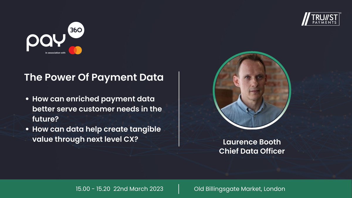 TRUST_Payments's tweet photo. Don't miss our Chief Data Officer, Laurence Booth, speaking about the power of payments data at Pay360 on the 22nd March 📈💳🚀 Get your ticket here: https://t.co/VNswEVXz3M #Pay360 #Payments #PaymentsData The Payments Association https://t.co/bEeQgrxDh4