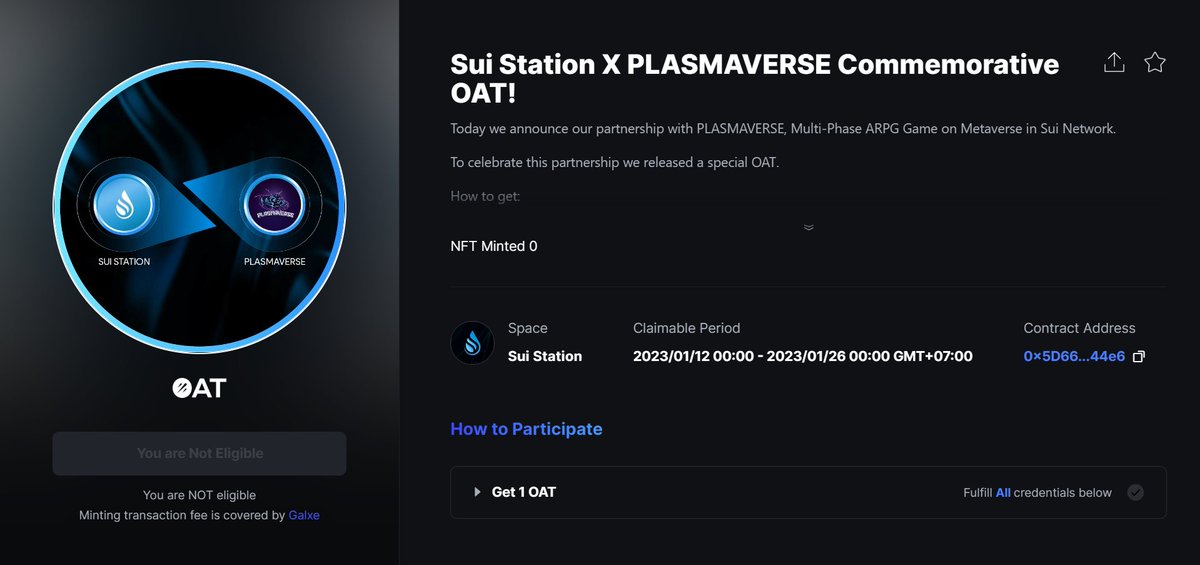 🥳 SUI STATION X @plasmaversexyz 🥳

To celebrate our partnership, we’re releasing a special OAT!

1️⃣ Like, RT this tweet
2️⃣ Finish the tasks and claim: galxe.com/suistation/cam…

This OAT will be useful in the future. Claim this OAT now!

#SuiStation #Sui  $SUI #Airdrop #Suinami
