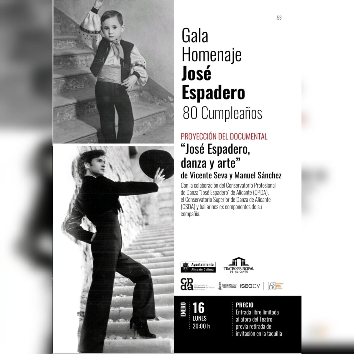 CSD_ALICANTE's tweet photo. El próximo lunes 16 de enero parte del #AlumnadoCSDA, #TituladosCSDA y #DocentesCSDA de Danza Española, participarán en la "Gala Homenaje 80 Aniversario, José Espadero" en el Teatro Principal de Alicante.
@DIseacv @GVAinnova @iseacv https://t.co/4EyvToKml6