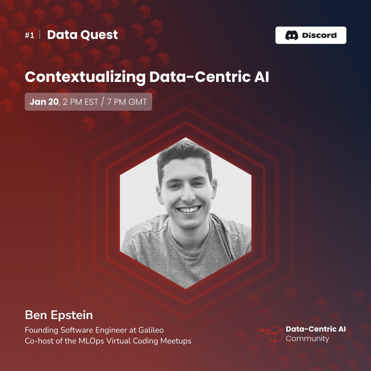 DataCentric_AI's tweet photo. 🎙Ben Epstein, founding Software Engineer at Galileo and Co-host of the MLOps virtual coding meetups is the first Crusader of the "Data Quest" talk where we'll be discussing "Contextualizing #DataCentricAI".

📅Join us on Jan 20 at our Discord server https://t.co/t1ZZhLuBQx https://t.co/j0zqdOLRfJ