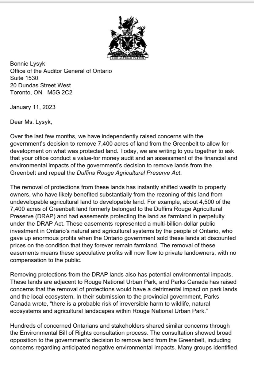 RichardCityNews's tweet photo. NEW - Ontario three opposition leaders have jointly signed a letter asking Auditor General Bonnie Lysyk to conduct a value-for-money audit and an environmental impact assessment of the Ford government’s decision to open up Greenbelt lands for development. https://t.co/862NsNaTkj