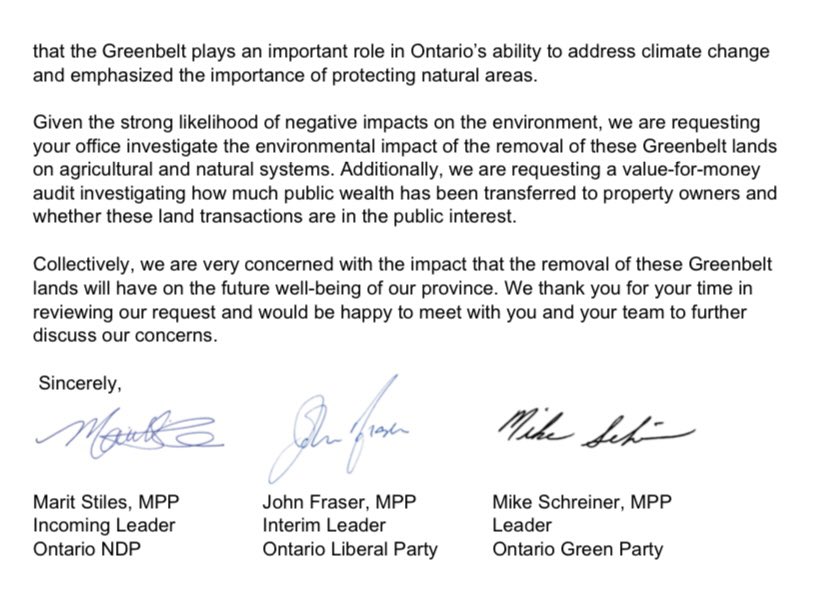 RichardCityNews's tweet photo. NEW - Ontario three opposition leaders have jointly signed a letter asking Auditor General Bonnie Lysyk to conduct a value-for-money audit and an environmental impact assessment of the Ford government’s decision to open up Greenbelt lands for development. https://t.co/862NsNaTkj