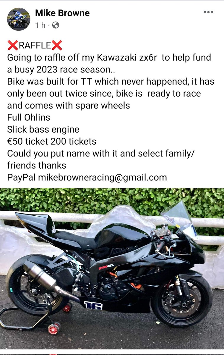 Mike Browne is raffling his own Kawasaki ZX6 Race bike to gather up funds for his 2023 season. 
If you see this tweet can you Like and Retweet it please and spread the word

Thanks