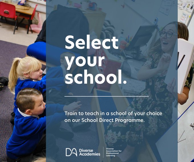 Are you are considering a career in teaching? 

We offer a number of places on the School Direct Programme. 

Find out more on our website bit.ly/3hZwvgd or email - getintoteaching@diverse-ac.org.uk #traintoteach #traineeteachers #SchoolDirectProgramme 
#getintoteaching