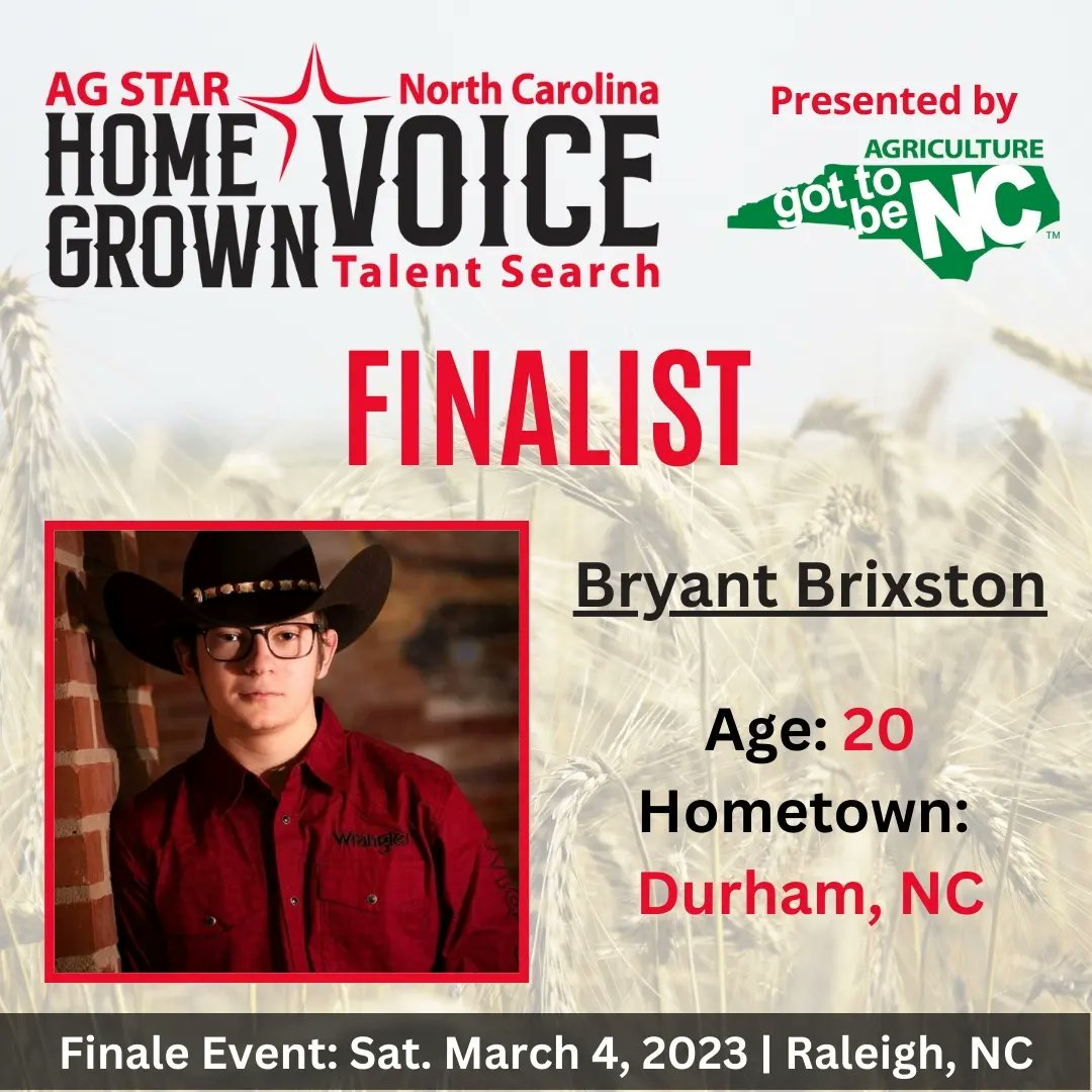 agilliam16's tweet photo. I’m excited to officially announce that my son, Bryant Brixston, is a finalist in the first ever NC Ag Star Talent Search presented by @gottobenc with their ambassador @Paige King Johnson ! Join us in Raleigh, NC on Saturday, March 4 as he performs in the finale round. https://t.co/X9m447K600