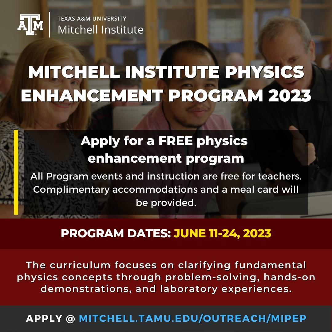 TAMUPhysAstr's tweet photo. Are you a teacher interested in physics? 🌌
Apply for a FREE physics enhancement program geared toward K-12 teachers in Texas.
The program will be held June 11-24, 2023.
Learn more about the program @ https://t.co/SuTiFAIpow
#TAMU #MIPEP #Physics https://t.co/BI6EDA4Qe8