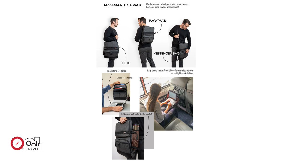 OnliTraveller's tweet image. Messenger Tote Pack allows you to carry a tablet and laptop together. Plus create a workstation on the go, by attaching it to the tray table in front of you! Don't mention the extra legroom you get. More details at onlitravel.com
#onlitravel #workstation #traytable