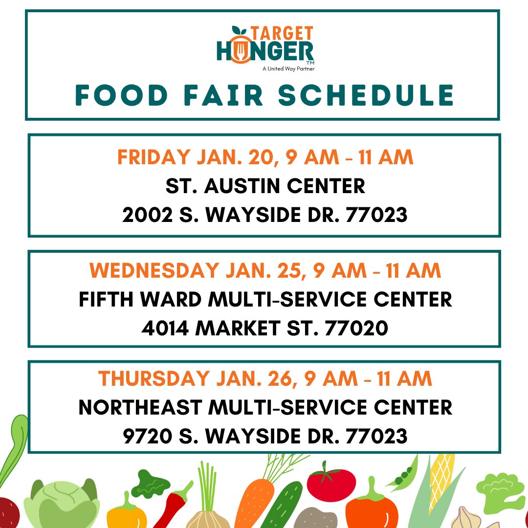 TargetHunger's tweet photo. If you need food, we have several food fairs in January! Food Fairs are open to anyone, you do not have to be a client to attend. Subject to cancellation due to weather. https://t.co/rz662CBQO4