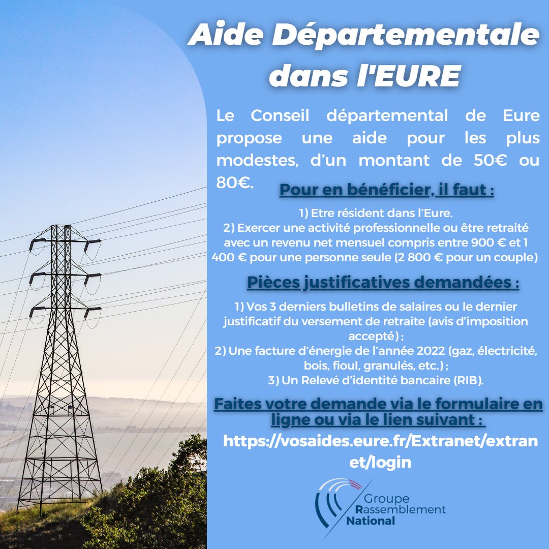 ChristineLoirRN's tweet image. Le Département de l’Eure octroie une aide pour payer les factures d’électricité. Comme souvent trop peu sont au courant de ces initiatives. Faites tourner l’information afin que nos compatriotes Eurois puissent en bénéficier. 💸🇫🇷 #Eure #CoupDePouce #Circo2701
