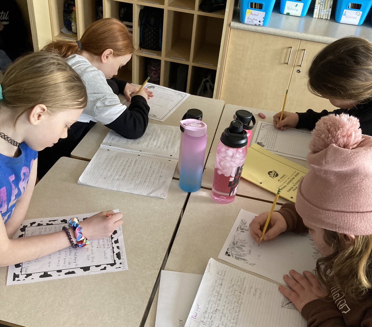 SMES01's tweet photo. Pictured are some @SMES01 students in 5 West who are working on their letters to their penpals in 5/6 Schurman @BerwickSchool. Students are excited to learn about others and communicate about themselves. #CommunityConnections #TheWritingProcess @AVRCE_LITERACY @AVRCE_NS https://t.co/Bdh32BefiK