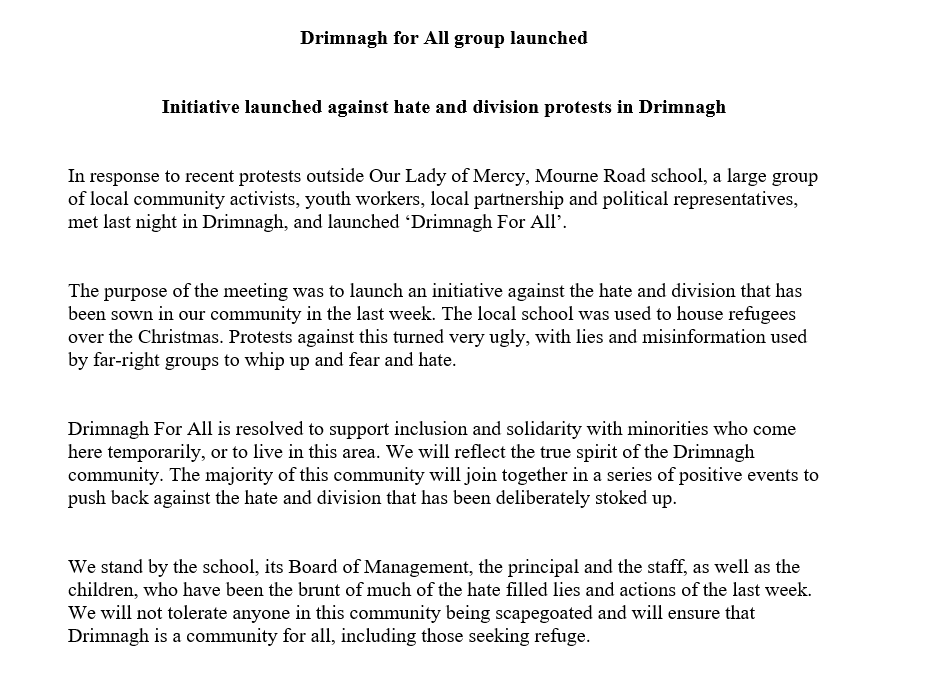 Ahead of the disgraceful anti-refugee protests planned tonight, please see the below statement, penned following a meeting of a wide cross-section of community groups/activists/representatives, that relays the true feelings of the Drimnagh community. #Drimnagh4All #AnIreland4All