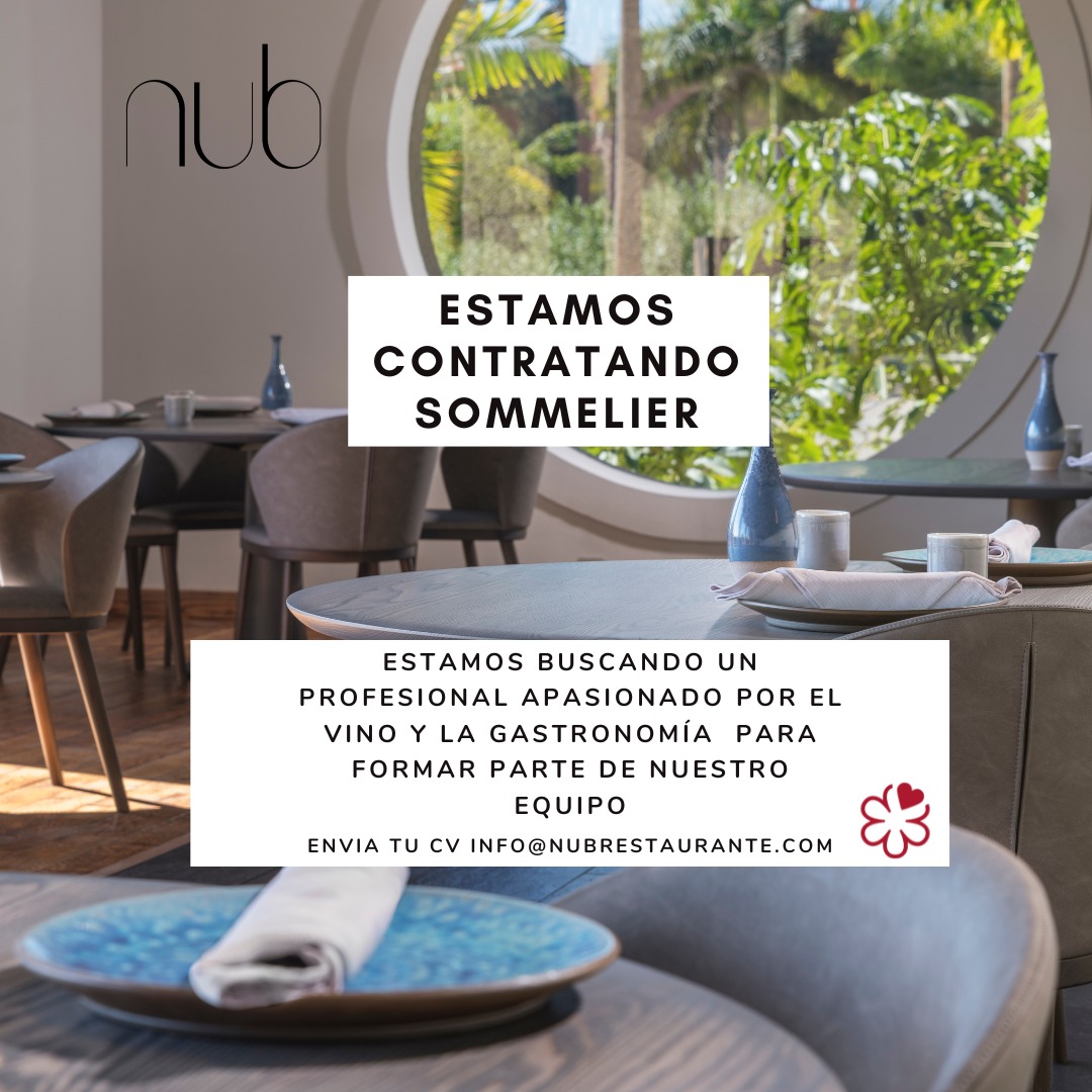 Estamos buscando profesional apasionado por el mundo del vino y la gastronomía para unirse a nuestro equipo. 
Envía tu CV info@nubrestaurante.com