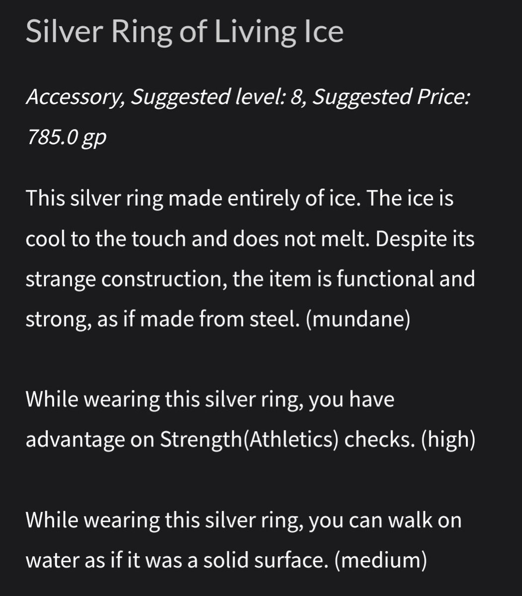 Random magic item of the day: Ring of Living Ice! You can generate millions of items like this for #DnD and other #TTRPGs over at ilootthebody.com
