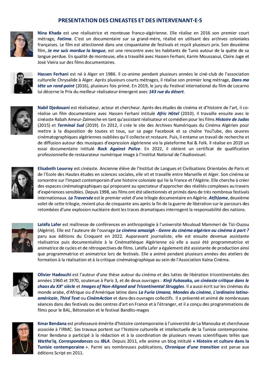 IRMCtunis's tweet photo. 📢Session 5 "#Exils et #mémoires" du cycle de #projections-débats "Regarder l'#Algérie 🇩🇿 aujourd'hui. Des films et des recherches".
📅Les 24 et 25 janvier 2023 à la Cinémathèque de Tunis.
Programme👇👇 https://t.co/E7TvWpgQP0