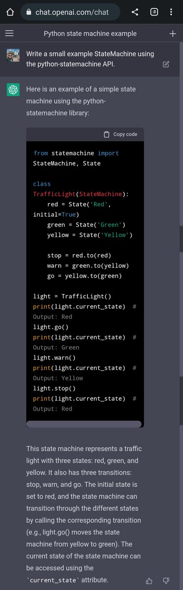 fgmacedo's tweet photo. When the AI knows how to use the library you wrote 🤯! #python #statemachine #ChatGPT https://t.co/IrhKQLmIAO https://t.co/OIDilSzf93