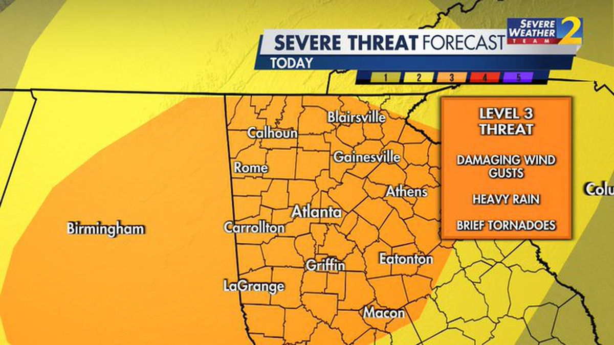 wsbtv's tweet photo. Parts of Georgia will be under a Level 3 of 5 risk for severe weather. https://t.co/nNhR0cIjWY https://t.co/9DQTrJ7MgZ