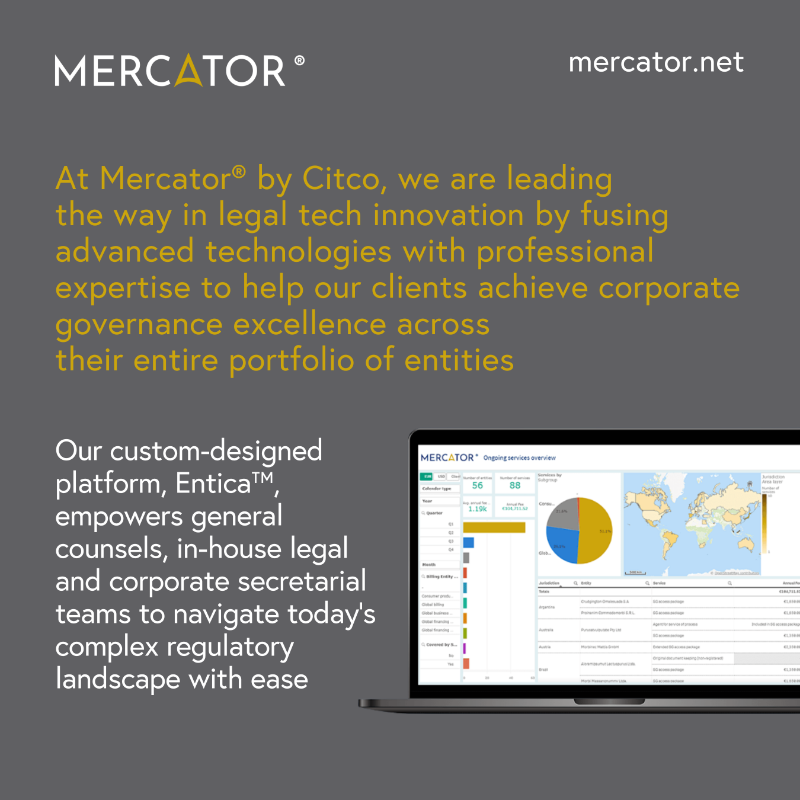 MercatorbyCitco's tweet photo. A survey by @TheLegal500 shows that a majority of lawyers view #tech disruption as a positive development for the industry.
Join us in transforming the legal industry with our #Entica™ platform - for accurate, transparent #EntityPortfolioManagement and #governance excellence.
