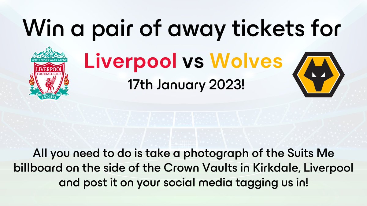 SuitsMeCard's tweet photo. Calling all Liverpool fans!📣

Do you want to win a pair of away tickets against Wolverhampton Wolves on the 17th of January 2023?⚽

The full location of the Crown Vaults is:
25 Kirkdale Road
Kirkdale
Liverpool
L5

Get your entries in now!🏆

#LFC #Liverpool #YNWA https://t.co/JqMp3BxIRu