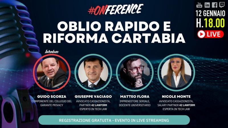 Oggi alle ore 18.00 seguimi in diretta insieme a <a href="/lastknight/">Matteo G.P. Flora</a>, <a href="/giuseppevaciago/">Giuseppe Vaciago</a> e Nicole Monte, al webinar sul diritto all'oblio "rapido" e la Riforma #Cartabia | webinar.matteoflora.com/230112
#cosedagarante #ONference