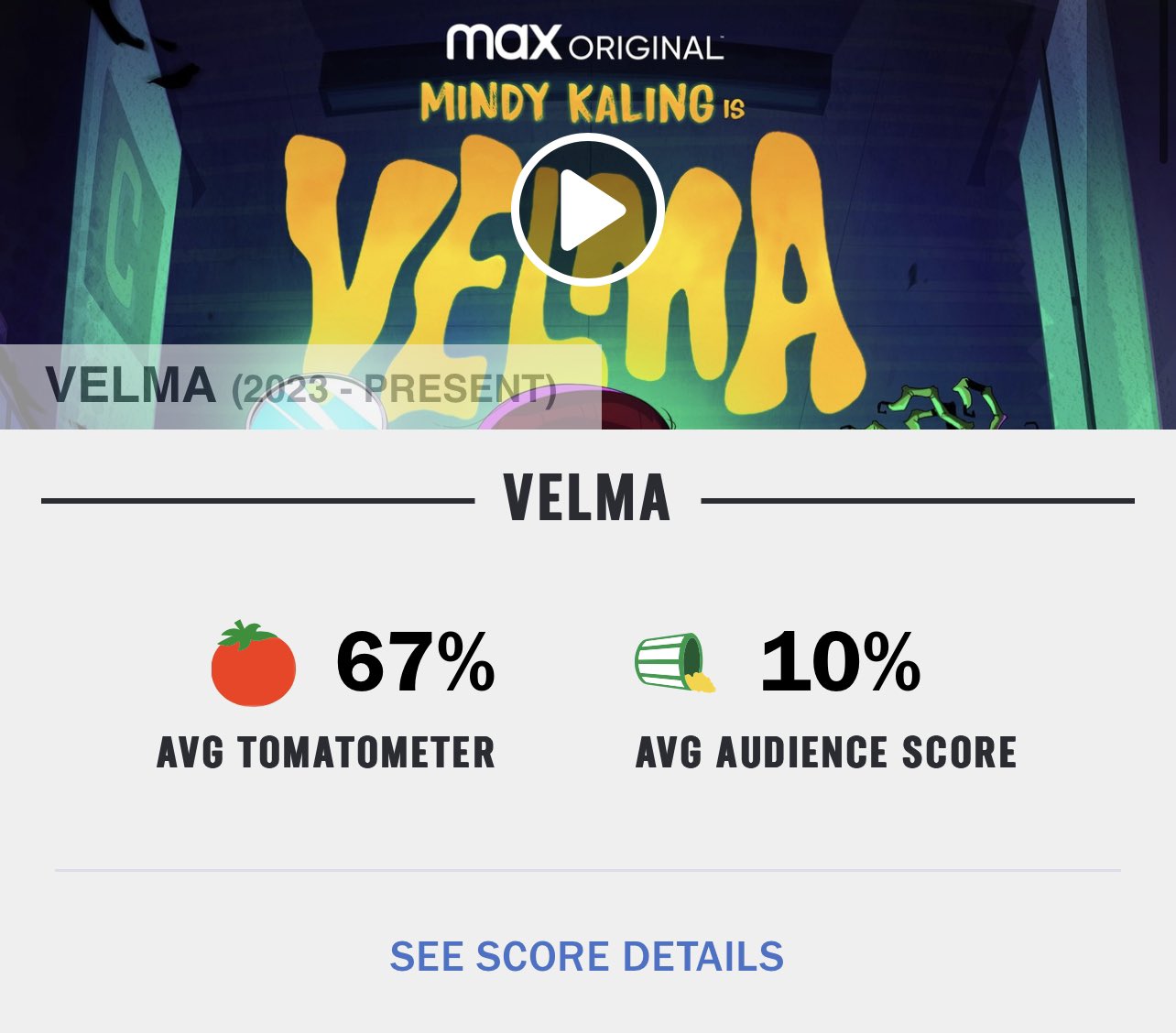 The Hollywood Handle on X: 'VELMA' opens with a miserable 10% on Rotten  Tomatoes audience score 🍅 The series is now streaming on HBO Max.   / X