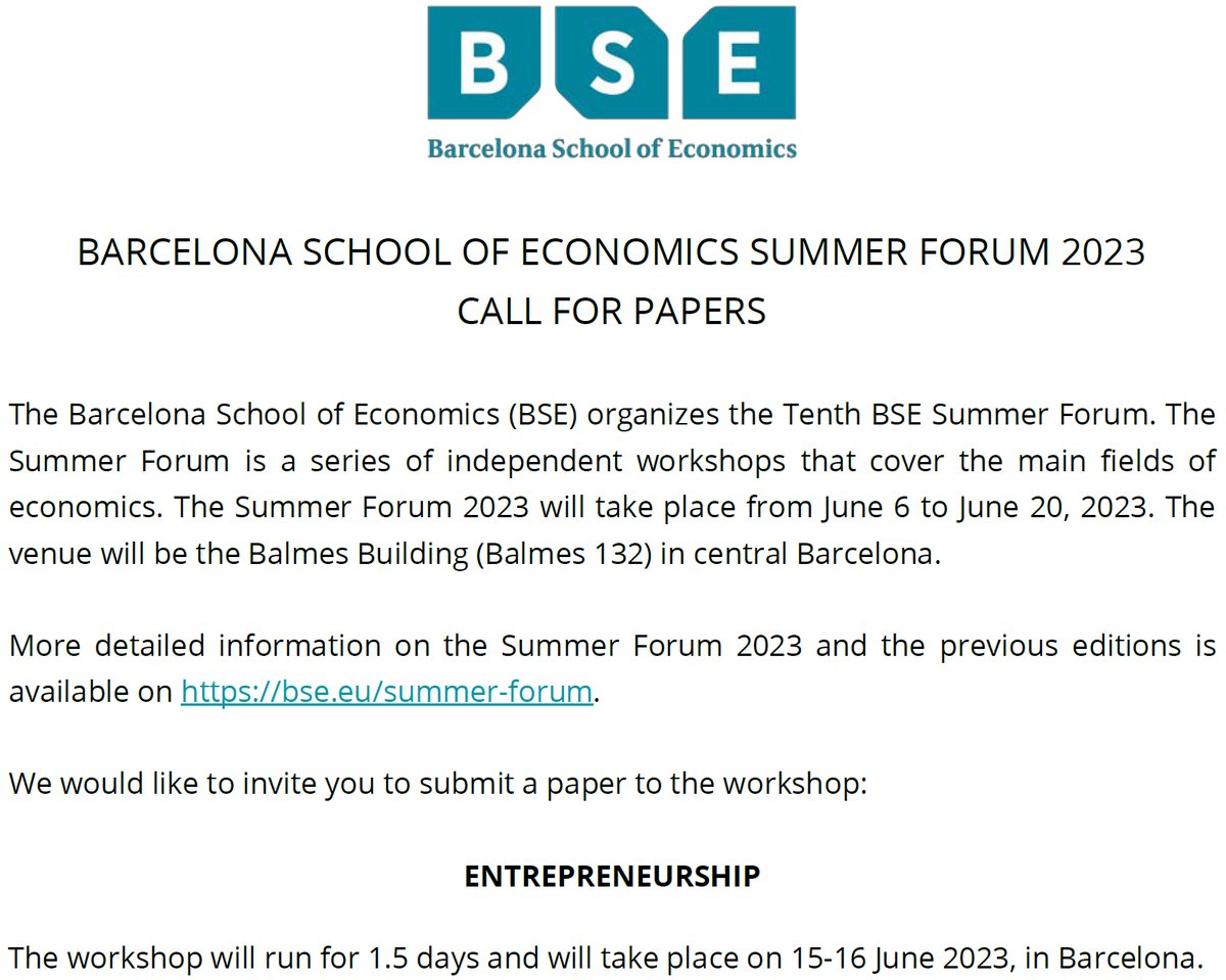 Theo Vladasel (@theovladasel) on Twitter photo 🚨Send your best work and join us for <a href="/bse_barcelona/">Barcelona School of Economics</a> Summer Forum on #Entrepreneurship June 15-16 2023, which will feature a keynote by the great <a href="/OSorenson/">Olav Sorenson</a>
Read more at bse.eu/summer-forum/w… and submit by February 28🚨
cc <a href="/MvP_VanPraag/">Mirjam van Praag</a> <a href="/mircea_epure/">Mircea Epure</a> <a href="/econ_empresaUPF/">Economia i Empresa UPF</a> 🚨Send your best work and join us for <a href="/bse_barcelona/">Barcelona School of Economics</a> Summer Forum on #Entrepreneurship June 15-16 2023, which will feature a keynote by the great <a href="/OSorenson/">Olav Sorenson</a>
Read more at bse.eu/summer-forum/w… and submit by February 28🚨
cc <a href="/MvP_VanPraag/">Mirjam van Praag</a> <a href="/mircea_epure/">Mircea Epure</a> <a href="/econ_empresaUPF/">Economia i Empresa UPF</a>