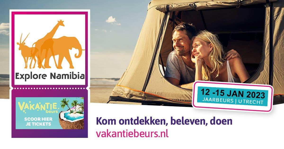 Explore Namibia is aanwezig tijdens de Vakantiebeurs in Utrecht (12-15 januari 2023). 
Iedereen die geïnteresseerd is in een self-drive avontuur of reis met gids/chauffeur in Namibië en/of Botswana is van harte welkom bij onze stand om uw persoonlijke reiswensen te bespreken.