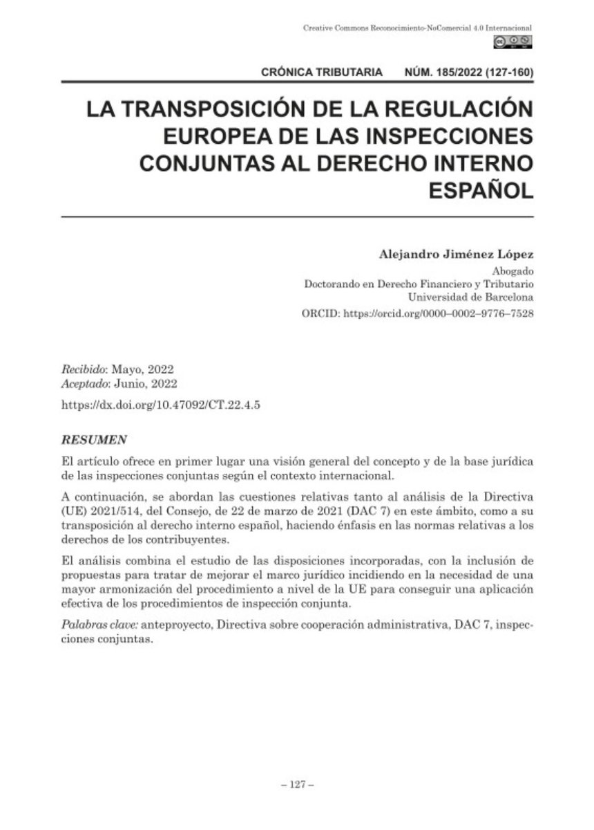 Por si es de vuestro interés, me hace especial ilusión compartir mi artículo publicado en el número 185 de la revista Crónica Tributaria editada por el IEF. Instituto de Estudios Fiscales”.