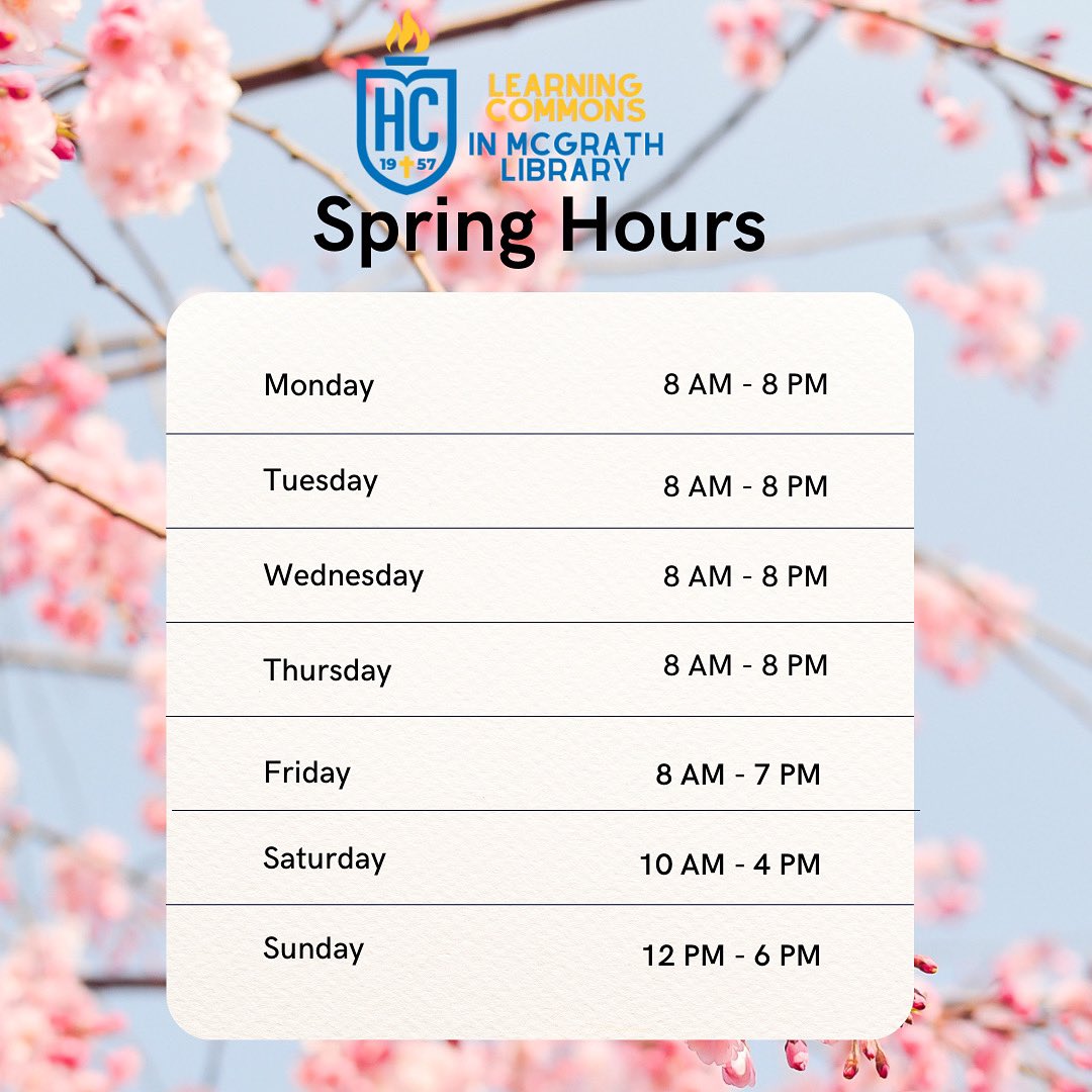Our Spring Semester '23 hours will begin on the first day of classes, January 17th!🎊

Monday - Thursday: 8am - 8pm
Friday: 8am - 7pm
Saturday: 10am - 4pm
Sunday: 12pm - 6pm

We can't wait to have you all back on campus with us, Hawks!

#hilbertcollege #hilbertlibrary