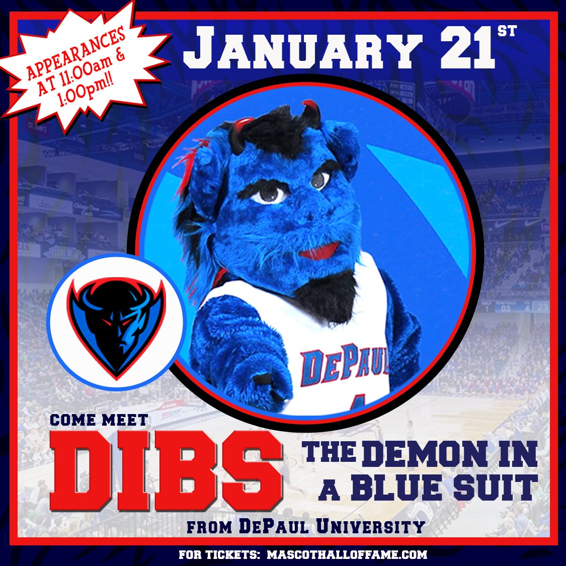 Mascot fans don't furget!

Saturday, January 21st we have our friend 
@DePaulDIBS from @DePaulAthletics coming out to visit the MHOF!
The sharped dressed demon will be bringing twice the fun with two appearances: 11:00am and 1:00pm.
mascothalloffame.com/events/

#DePaulBall #BlueGrit